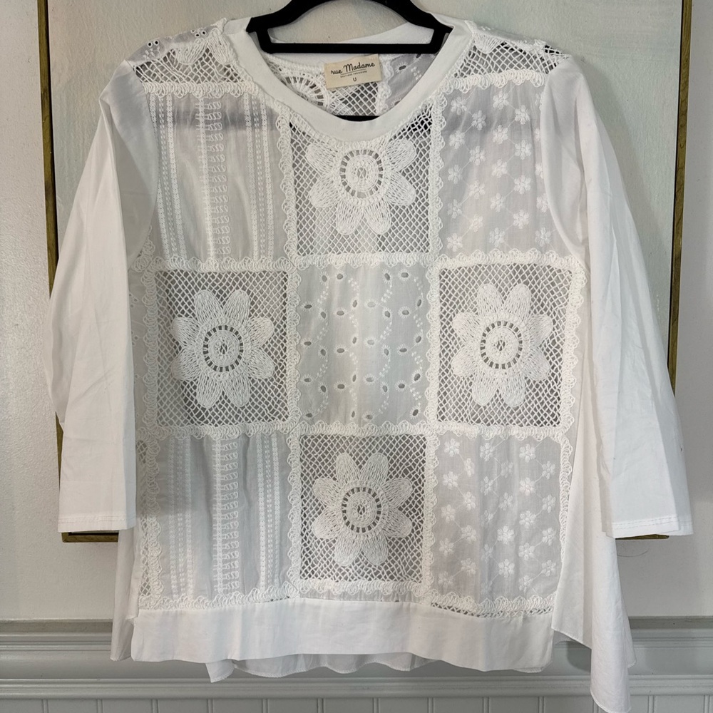 APC Rue Madam Paris White Crochet Floral Eyelet 3/4 Length Sleeve Top Size